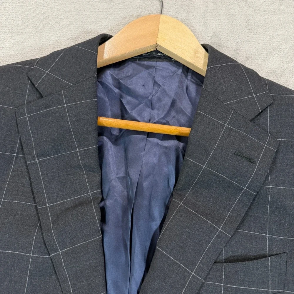 Suitsupply Mens 36R Slim Napoli Charcoal Gray Windowpane Wool Blazer Sport Coat
